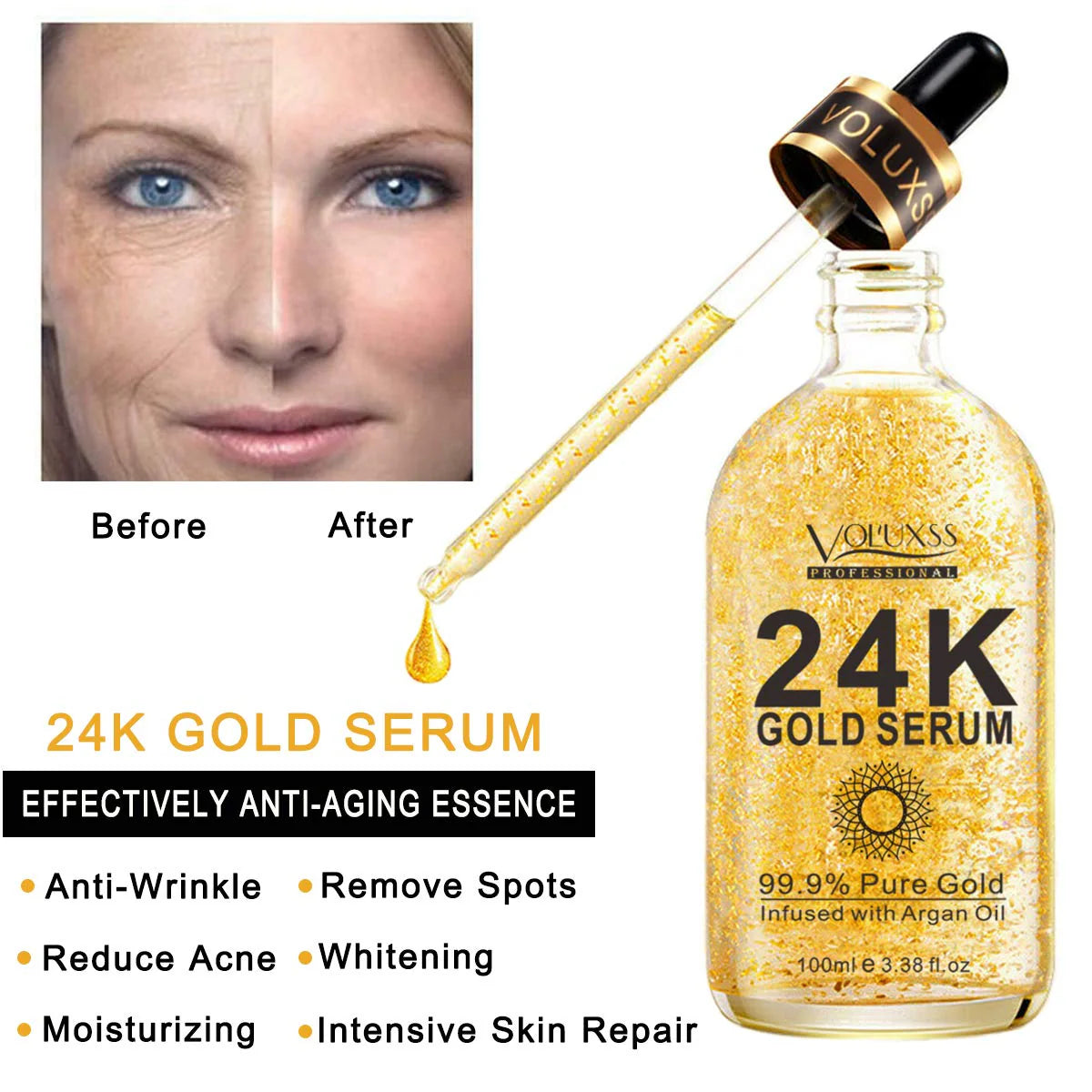 24K Gold Face Serum with Vitamin C, Hyaluronic Acid & Argan Oil for Brightening, Anti-Aging, Dark Spots & Fine Lines