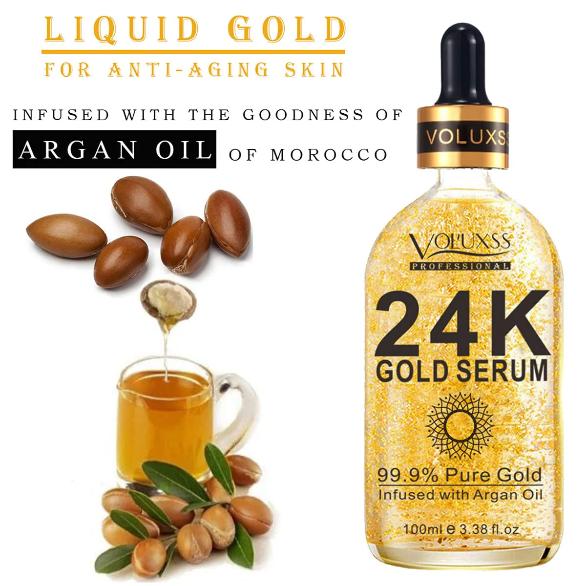 24K Gold Face Serum with Vitamin C, Hyaluronic Acid & Argan Oil for Brightening, Anti-Aging, Dark Spots & Fine Lines